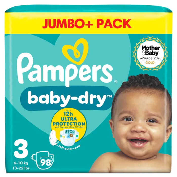 Pampers Baby-Dry Size 3 Nappies Jumbo+ Pack, 98 nappies