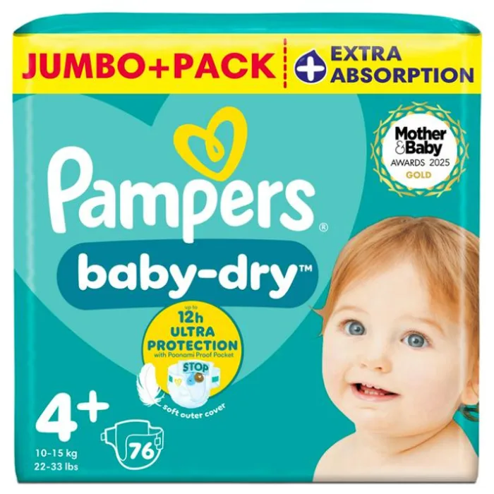 Pampers Baby-Dry Size 4+ Nappies Jumbo+ Pack, 76 nappies