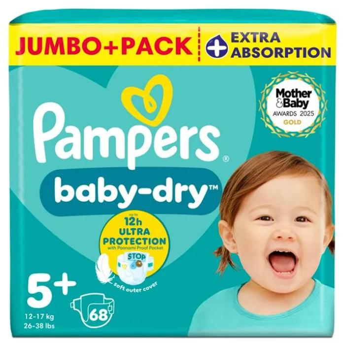 Pampers Baby-Dry Size 5+ Nappies Jumbo+ Pack, 68 nappies