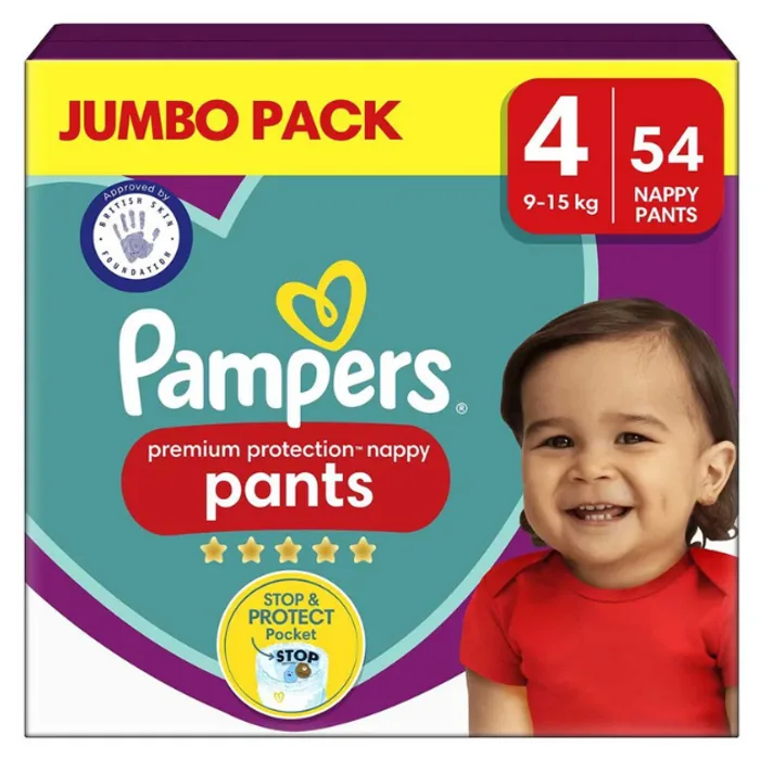 Pampers Premium Protection Nappy Pants Size 4, 54 Nappies, 9kg-15kg, Jumbo+ Pack