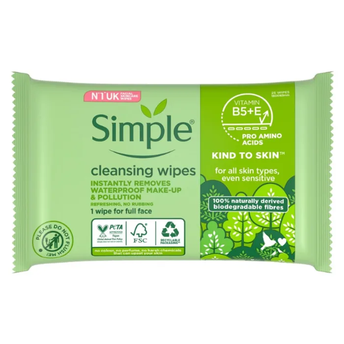 Simple Facial Wipes Kind To Skin Biodegradable 25s