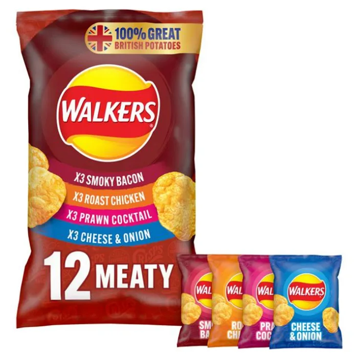 Walkers Meaty 12pk (Smoky Bacon, Roast Chicken, Prawn Cocktail, C&O)
